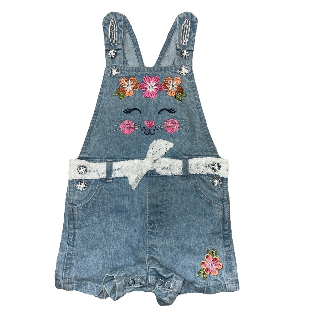 Baby Girls Denim Bunny Embroidered‎ Romper Shortalls 12M Floral Lace Rhinestone